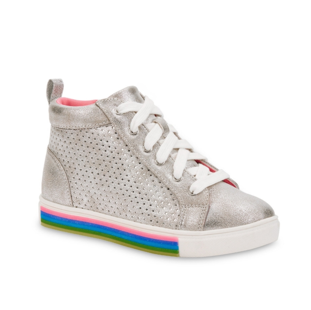Silver Rainbow stripe high top Sneakers Big girls size 5/women's size 6.5